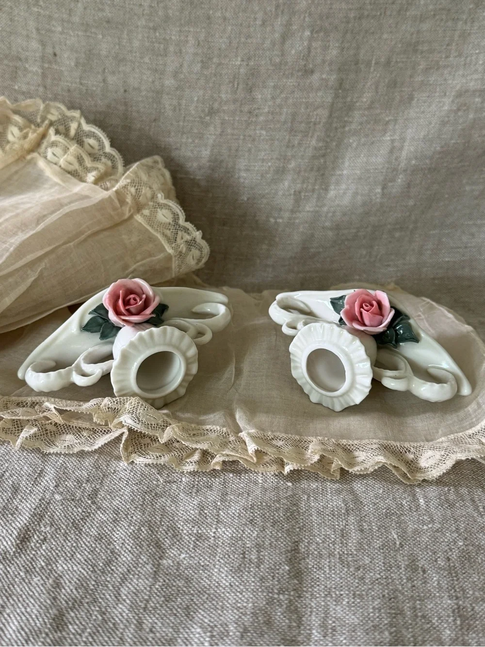 Karl Ens Germany vintage pink roses porcelain candleholders